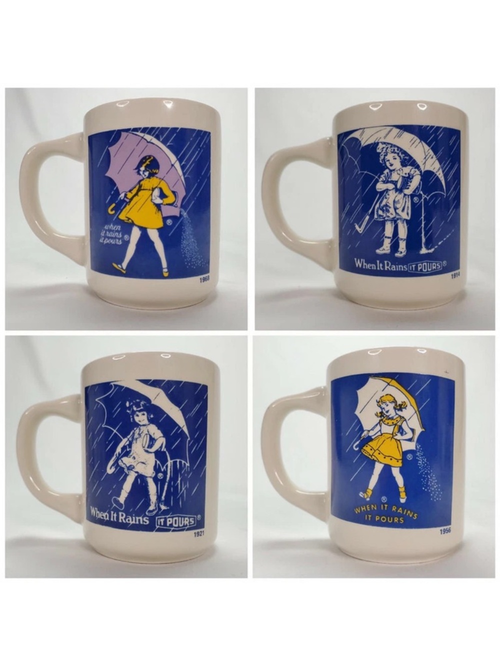 Vintage-Style Beige Ceramic Mug with Blue & Yellow Rain Girl Design